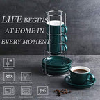 Sweejar Porcelain Espresso Cups with Saucers, 4 Ounce Stackable Cappuccino Cups with Metal Stand for Coffee Drinks, Latte, Tea - Set of 4 (Jade) - Image 2
