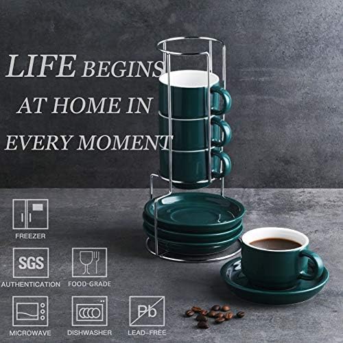 Sweejar Porcelain Espresso Cups with Saucers, 4 Ounce Stackable Cappuccino Cups with Metal Stand for Coffee Drinks, Latte, Tea - Set of 4 (Jade) - Image 2