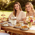 Luxury White & Gold Embossed Tea Cups and Saucers with Teapot, Sugar Bowl, & &Creamer, Vintage European Porcelain Coffee Set for Tea Party, Wedding, Gift (Red&Gold, 17pcs/set) - Image 4