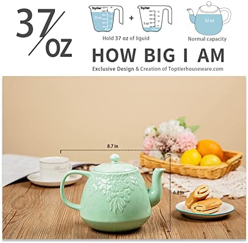 Toptier Leaf Teapot, Porcelain Tea Pot with Infuser and Lid, Blooming & Loose Leaf Ceramic Teapot, 37 Ounce, Light Green - Image 3