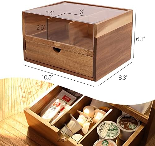 HTB Acacia Wood Tea Organizer 2 Tier with Drawer,Large Capacity - Image 5