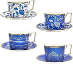 ACMLIFE Bone China Tea Cups and Saucers Set of 4, 6.8 oz Blue and White Tea Cups Set of 4, with Gold Trim and Gift Box (Blue-4) by ACMLIFE