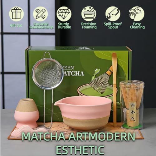 Matcha Whisk Set,7-Piece Ceramic Matcha Bowl & Bamboo Whisk Kit with Spout, Sifter, Scoop,Holder,Rest & Towel for Traditional Japanese Tea Ceremony,Ideal Gift for Matcha Lovers (Pink) - Image 2