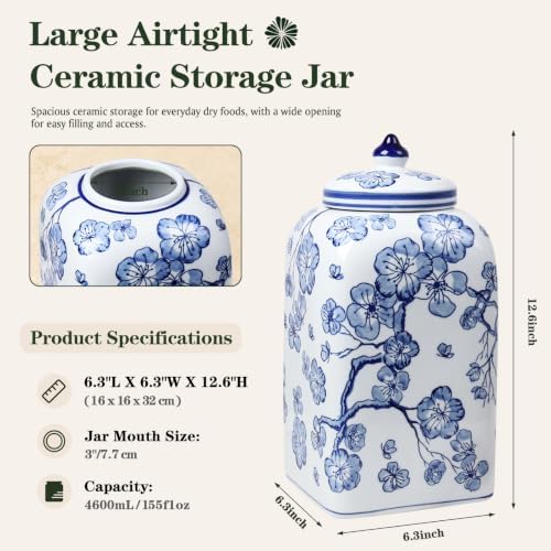12.5" H Ceramic Kitchen Canisters for Countertop, Tea & Coffee Bean Storage Canister with Airtight Lid, Blue and White Chinoiserie Decor Ginger Jar for Home Decor, 155 fl oz - Plum Blossom - Image 2