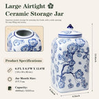 12.5" H Ceramic Kitchen Canisters for Countertop, Tea & Coffee Bean Storage Canister with Airtight Lid, Blue and White Chinoiserie Decor Ginger Jar for Home Decor, 155 fl oz - Plum Blossom - Image 2