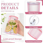 8 Pcs 15oz Plastic Tumblers with Lids and Straw Ribbed Iced Coffee Cups Pink Reusable Plastic Cups Leak-Proof Travel Iced Coffee Tumblers for Home Office Travel with Clean Brush - Image 3