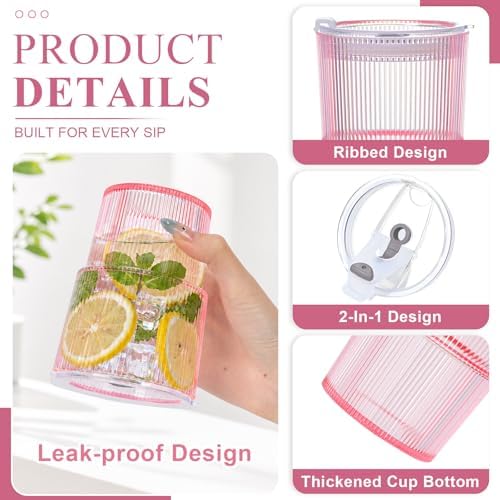 8 Pcs 15oz Plastic Tumblers with Lids and Straw Ribbed Iced Coffee Cups Pink Reusable Plastic Cups Leak-Proof Travel Iced Coffee Tumblers for Home Office Travel with Clean Brush - Image 3