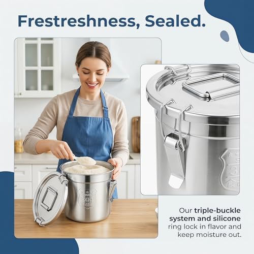 1.61Gal 304 Stainless Steel Airtight Canister,Metal Bucket Large Stainless Steel Canisters - Locking Clamp & Airtight Lids - Dog Food/Bird Seed/Coffee Storage Container - Image 3