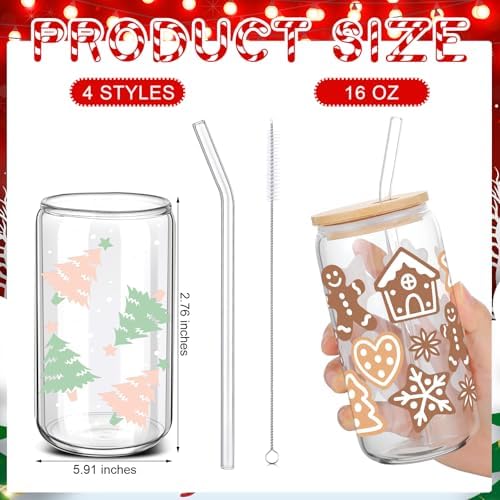 SiliFine 4 Pcs Christmas Glass Cups with Lids and Straws 16 oz - Image 3