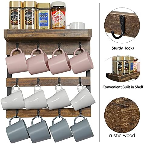 OROPY Coffee Mug Rack Wall Mounted, Rustic Wood Cups Rack, 12 Hooks & Shelf - Image 4