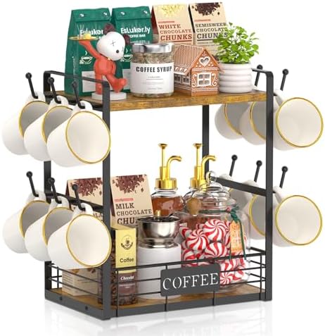 EsLuker.ly Coffee Mug Cup Holder Tree Bar Station Organizer, 2 Tier Mug Stand Rack for Countertop Kitchen, Storage Tower Display Shelf with 12 Hooks, Coffee Nook Enhancer, Vintage Brown Black by EsLukerly