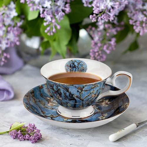 Floral Tea Cups Saucers Set of 2, Bone China 7 oz British Teacups Porcelain Coffee Cup for Rose Tea Cappuccino Espresso Latte (Apricot & Peach Blossom) - Image 5