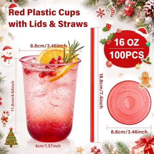 tchrules 100Pcs 16oz Red Plastic Disposable Party Cups with Lids and Straws - Image 2