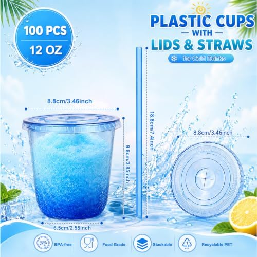 tchrules 100 Set 12oz Blue Plastic Iced Coffee Cups with Lids and Straws - Image 2