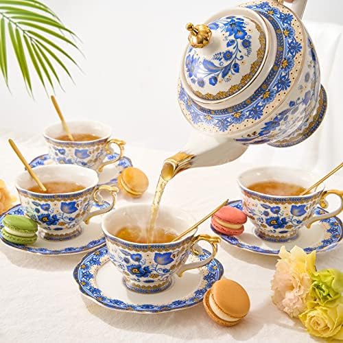 Fine Bone China Tea Set with Teapot, Teacups & Spoons & Saucers 13-Pieces Blue, Porcelain White & Gold Detailed Dream Vintage Floral - Coffee & Teas, Gifts for Mom, Her, Housewarming, Wedding Service - Image 2