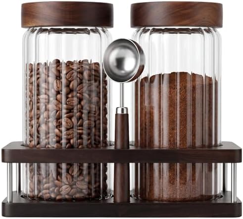 Suclain Glass Coffee Grounds Container with Shelf 2 x 44 oz Glass Coffee Bean Storage Canisters with Airtight Thread Lid and Measuring Spoon for Kitchen Sugar(Striped Style, Wood) by Suclain