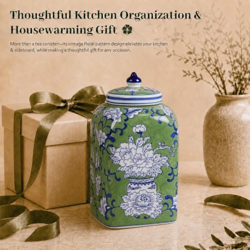 12.5" H Ceramic Kitchen Canisters for Countertop, Tea & Coffee Bean Storage Canister with Airtight Lid, Hand-painted Chinoiserie Decor Ginger Jar for Home Decor, 155 fl oz - Green Peony - Image 6