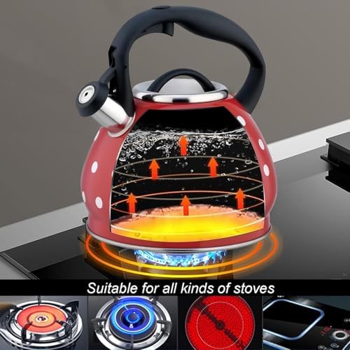 2026 Upgraded Whistling Tea Kettle Stovetop, 3.2qt 304 Stainless Steel Teapot with Polka Dot Design, Retro Cool Touch Teakettle for Gas Induction Electric Stove Red 3.2 Quarts - Image 5