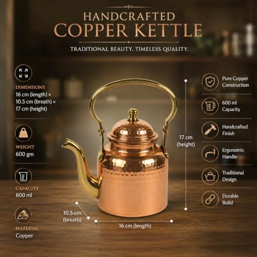 Traditional Copper Kettle 600 ml for Serving Tea, Coffee and Hot Beverages - Image 4