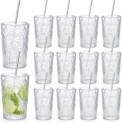 Wiwiqing 12 Set 16oz Vintage Tumbler with Lid and Straw Bulk, Clear by Wiwiqing