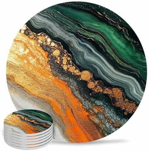 Coasters for Drinks Set of 6 Green Ombre Yellow Marble Texture Wave Natural Gradient Ceramic Cup Mat, Absorbent Ceramic Stone Coasters with Cork Base for Coffee Cups Wooden Table Home Decor 4 Inch by Daleng