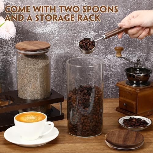 Suclain Glass Coffee Grounds Container with Shelf 2 x 44 oz Glass Coffee Bean Storage Canisters with Airtight Thread Lid and Measuring Spoon Food Storage Jars for Kitchen Sugar(Clear Style) - Image 4