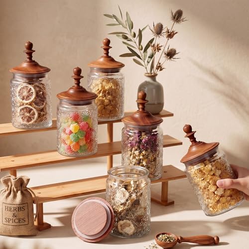Suclain 6 Pack 24 oz Glass Spice Jars with Dark Wood Lids Vintage Canisters with Star Pattern Airtight Food Storage Container for Home Kitchen Tea Coffee Spice Pantry Organization Decorations - Image 4