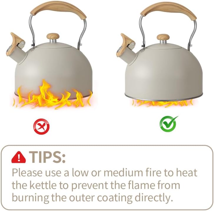 Stove Top Kettle, 2.5 Quart Whistling Kettle for Gas Hob with Wood Pattern Handle Loud Whistle Food Grade Stainless Steel, Anti-Hot Handle and Anti-Rust, Suitable for All Heat Sources - Image 6