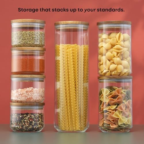 JoyJolt Holden 7-Piece Stackable Glass Storage Containers with Lids, Airtight Food Canister Set with Acacia Wood Lids, Round Stacking Pantry and Kitchen Containers for Pasta, Flour, Sugar, Coffee - Image 2