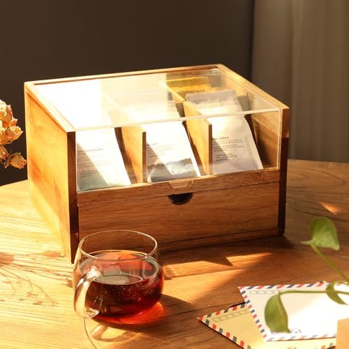 HTB Acacia Wood Tea Organizer 2 Tier with Drawer,Large Capacity - Image 2