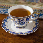 ACMLIFE Bone China Tea Cups and Saucers, 6.8 oz Tea Cup and Saucer Set, with Gold Trim and Gift Box, Blue and White (Blue-D) - Image 2