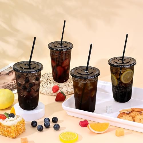 tchrules 100 Set 18oz Black Plastic Disposable Cups with Lids and Straws - Image 3