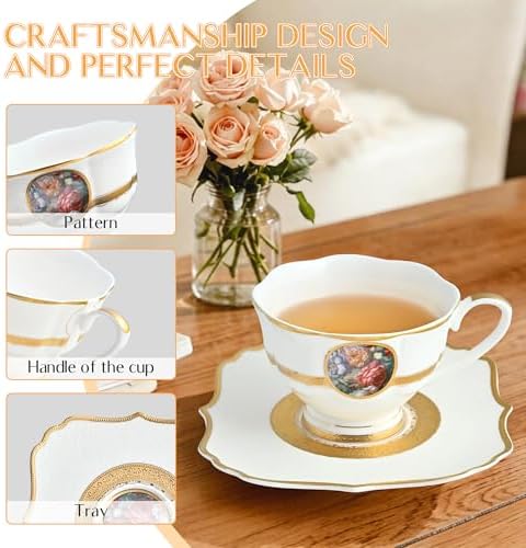 Luxury White & Gold Embossed Tea Cups and Saucers with Teapot, Sugar Bowl, & &Creamer, Vintage European Porcelain Coffee Set for Tea Party, Wedding, Gift (Gole & Rose, 4pcs/set) - Image 4