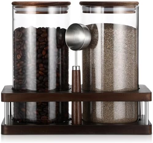 Suclain Glass Coffee Grounds Container with Shelf 2 x 44 oz Glass Coffee Bean Storage Canisters with Airtight Thread Lid and Measuring Spoon Food Storage Jars for Kitchen Sugar(Clear Style) by Suclain