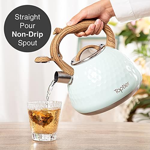 Tea Kettle, Toptier Teapot Whistling Kettle with Wood Pattern Handle Loud Whistle, Food Grade Stainless Steel Tea Pot for Stovetops Induction Diamond Design Water Kettle, 2.7-Quart Light Green - Image 6