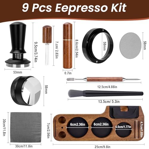 9-in-1 Espresso Tool Set: 58mm Tamper, WDT Tool, Distributor, Magnetic Funnel, Puck Screen, Brush, Cleaning Cloth, Latte Art Needle & Wooden Stand for Breville De'Longhi - Image 3