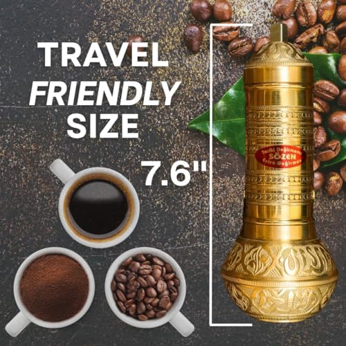 Sozen Manual Coffee Grinder Brass - Adjustable Hand Crank Burr Mill for Turkish Coffee, Espresso & French Press (7.6 Inch – Hammered Brass) - Image 3