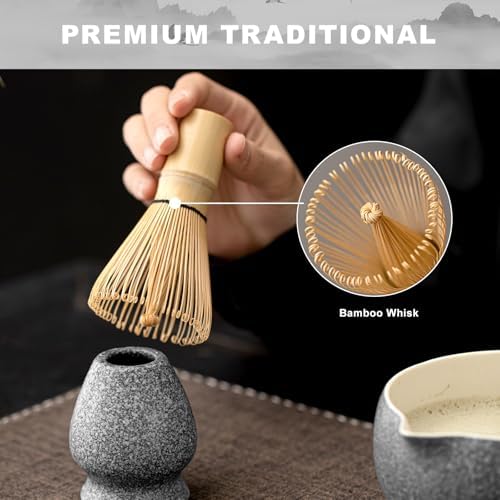Matcha Set with Ceramic Bowl & Bamboo Whisk, 5-Pcs Kit Includes Scoop, Sifter& Holder(Chasen), Mottled Black - Image 4