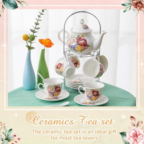 Zhehao 20 Pcs Porcelain Tea Set for Adult, with Metal Holder, Floral - Image 5