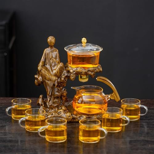 Zurucily Semi Automatic Teapot Set, Glass Teapot Set with Strainer Kungfu Tea Sets (Meditation-brown) - Image 3