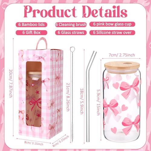 Zhehao 6 Set Cute Coquette Pink Bow Glass Cup Gift Set - Image 2