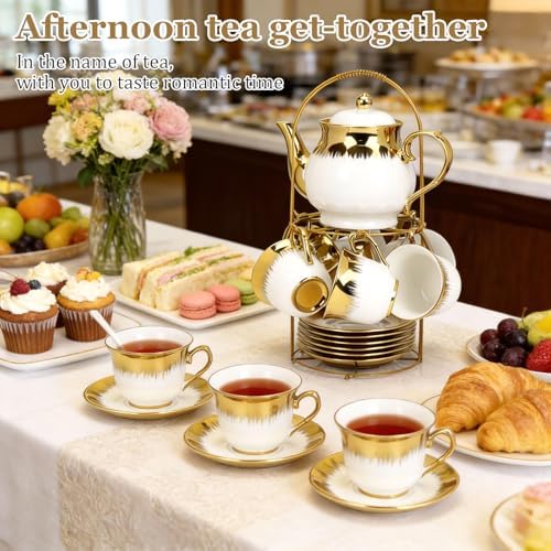 20 Pcs Porcelain Tea Set with Metal Holder and Spoon, European Ceramic Tea Set for Adults, European Flower Painting Teapot Cup Saucer Spoon Set for 6, 1000ML Gift Pack(White) - Image 7