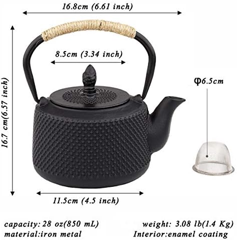 tetsubin Cast iron tea kettle japanese workshop teapot hobnail pattern with Stainless Steel Infuser（28oz Black） - Image 2