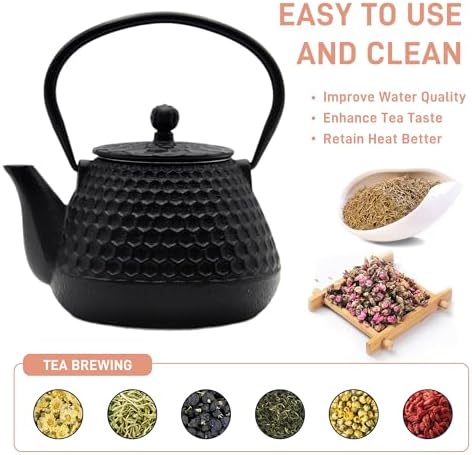 20.3oz Small Cast Iron Teapot, SECHUDO Cast Iron Tea Kettle for Stovetop Safe Coated with Enameled Interior, Cast Iron Tea Pot with Stainless Steel Infuser for Loose Tea (Black Honeycomb Pattern) - Image 4