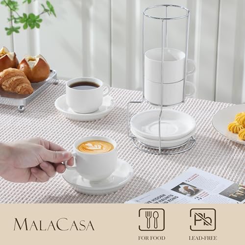 MALACASA 4 OZ Porcelain Espresso Cups with Saucers and Metal Stand Set of 4, Stackable Cappuccino Cups, White Expresso Shots Cup Set for Coffee Drinks, Latte, Tea - Image 3