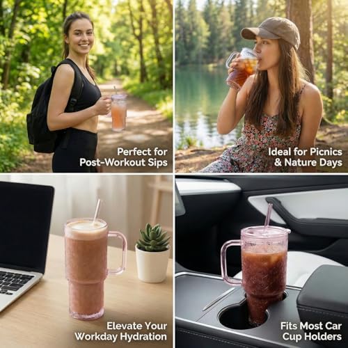 20 oz Pink Glass Tumbler with Lid and Straw, Glass Iced Coffee Cups, Spill-proof Glasses Tumbler with Handle, Hobnail Glasses Drinking Set of 2, Vintage Glassware for Cocktail, Smoothies - Image 5