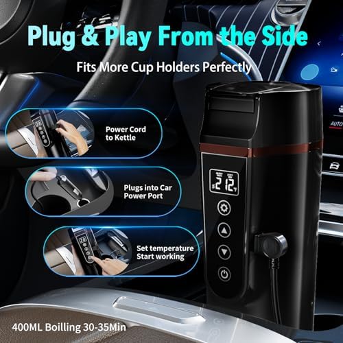 Car Electric Kettle for Travel : FVPE 12V/24V Small Electric Water Kettle, Multi-Temp Control 400 mL Portable Car Water Boiler for Brewing Coffee Tea,LCD Display 304 Stainless Steel Truck Heating Cup - Image 3