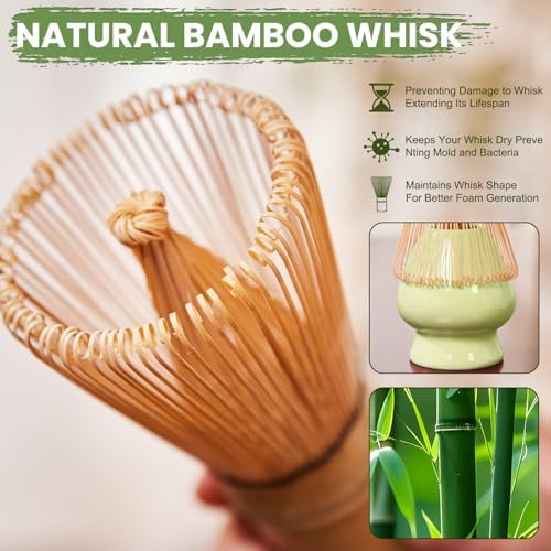 Matcha Whisk Set, Lotus Green Ceramic Matcha Set Includes Matcha Bowl, Matcha Whisk (Chasen) and Holder, Sifter, Bamboo Scoop & Spoon - 6 Pcs Matcha Kit for Matcha Lovers - Image 3