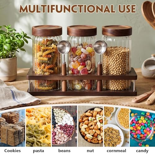Suclain 3 Pcs 44 oz Glass Coffee Grounds Container with Shelf Glass Coffee Bean Storage Canisters with Airtight Lid and Measuring Spoon Food Storage Jars for Kitchen Sugar (Trendy Style) - Image 6