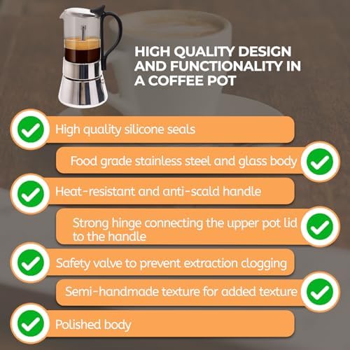 Clear Glass Moka Pot 6 Cup 350ml Stainless Steel Coffee Maker - Image 7